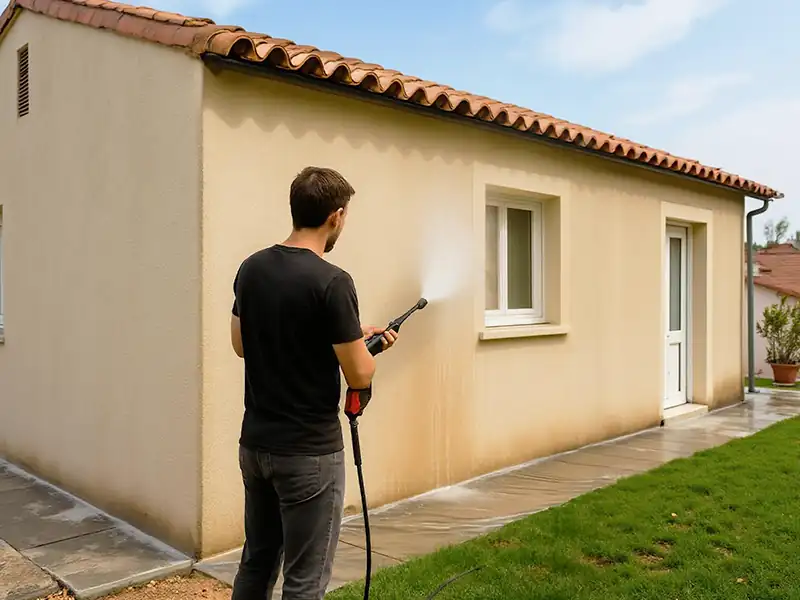Nettoyage façade à haute pression sous le soleil